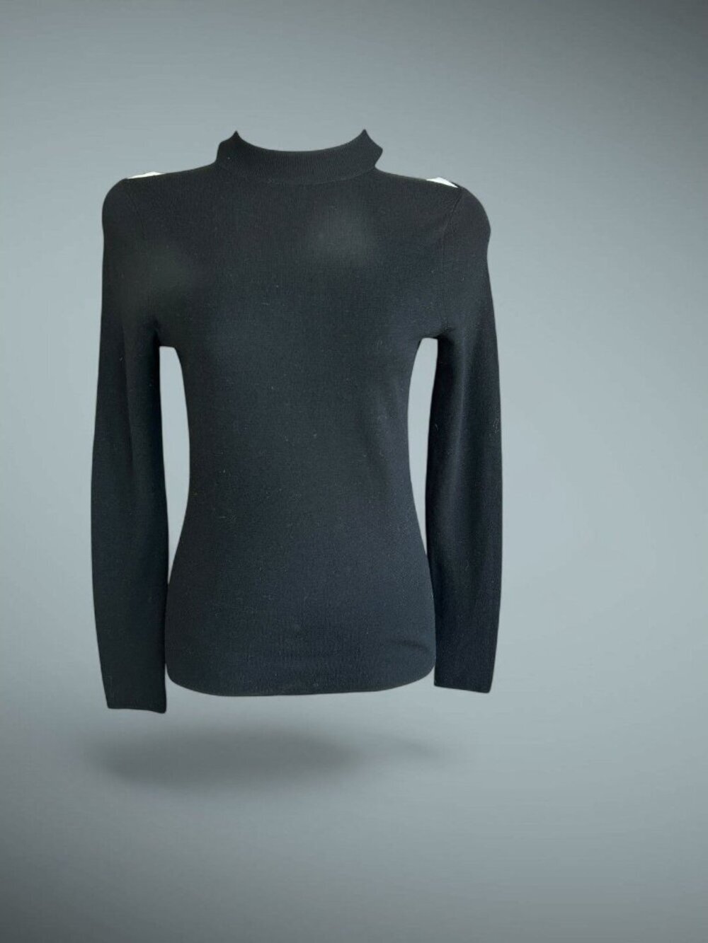Elie Tahari Black Sweater Merino Wool Open Shoulder Mock Neck Size XS